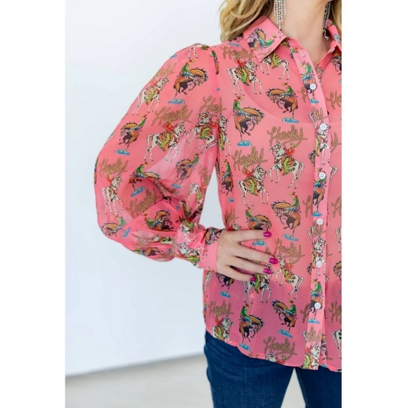 NWT Turquoise Haven Western Pink Howdy Blouse XL Puff Sleeves Bucking Bronco - Picture 2 of 12